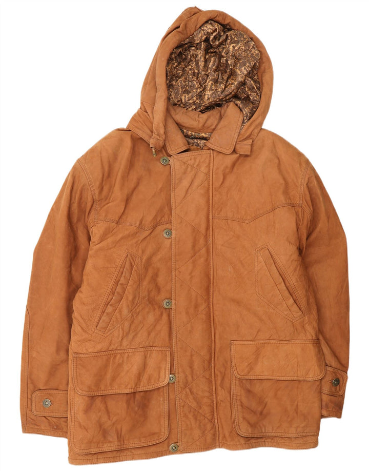 Jaqueta masculina de couro com capuz VINTAGE EU 54 2XL couro marrom