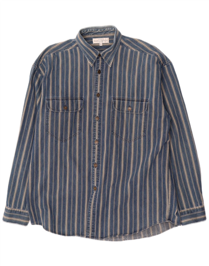 Camisa masculina Marks & Spencer de algodão listrado azul médio