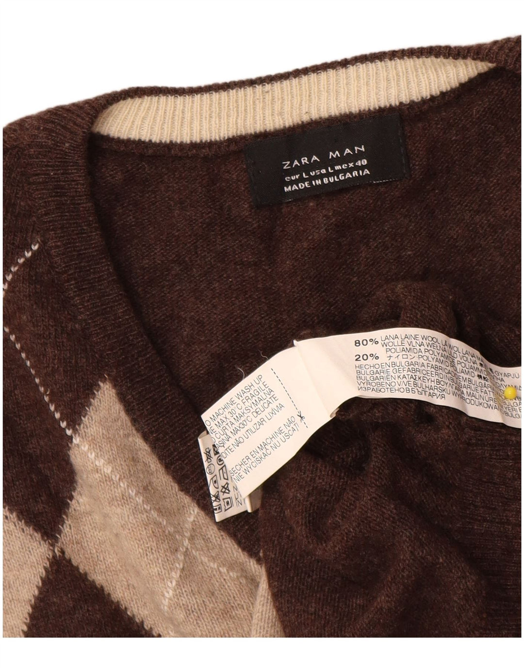 Suéter masculino Zara com decote em V grande marrom argyle/lã diamante