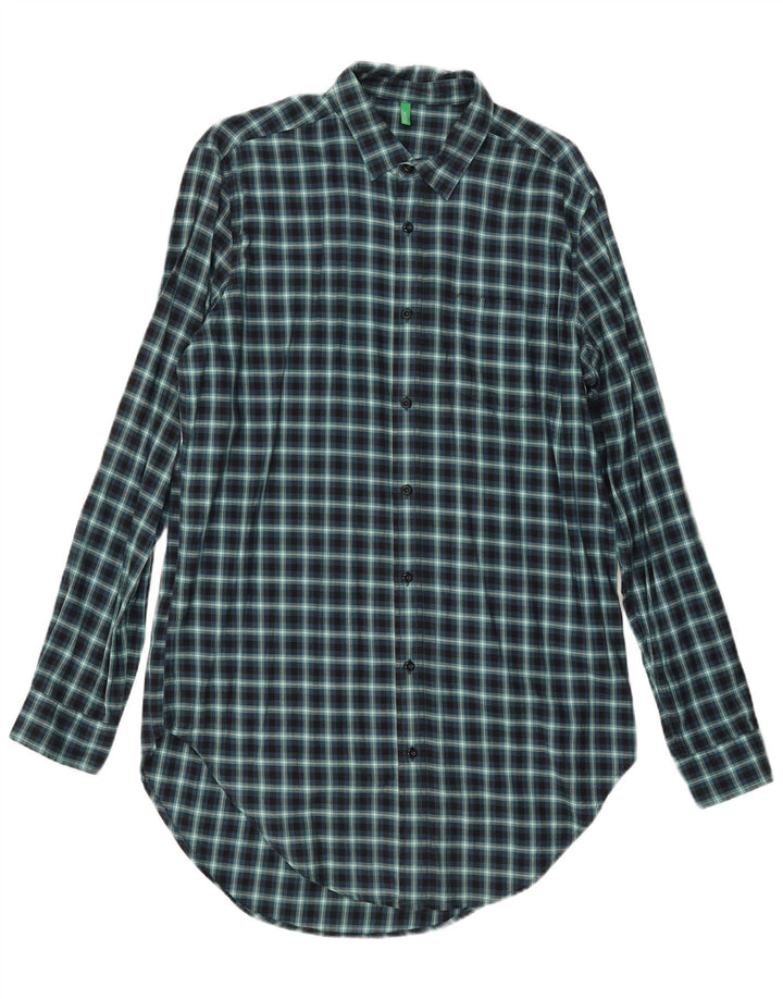 Camisa alta masculina de flanela Benetton grande guingão azul marinho