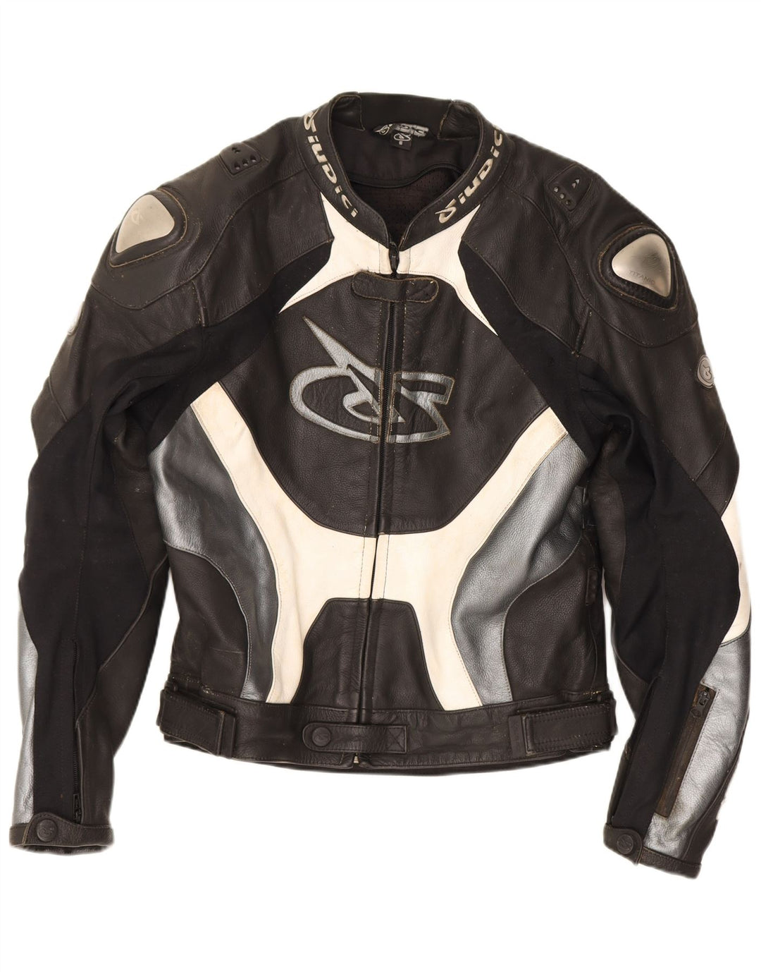 Jaqueta masculina Giudici Graphic Racing UK 36 pequena preta em couro colorblock