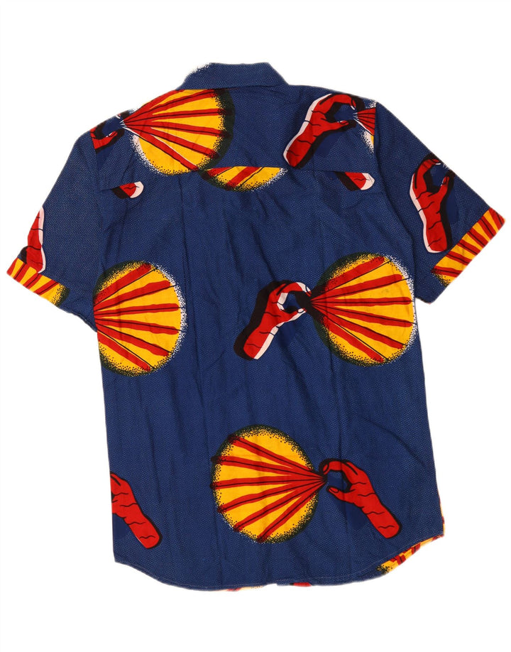 Camisa masculina vintage de manga curta com padrão abstrato azul médio