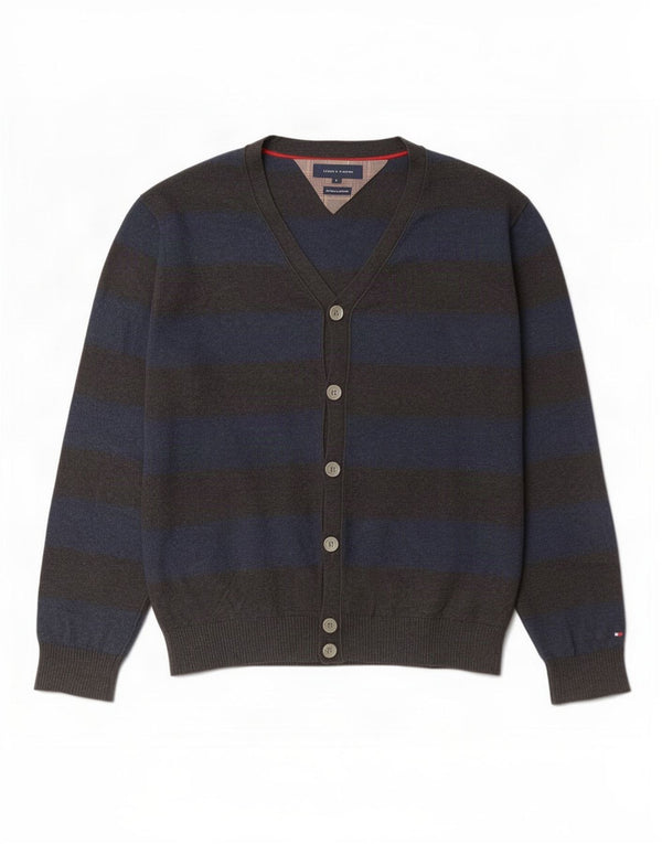 Suéter cardigã masculino Tommy Hilfiger grande algodão listrado cinza