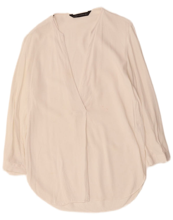 ZARA blusa feminina manga 3/4 top UK 14 médio branco viscose