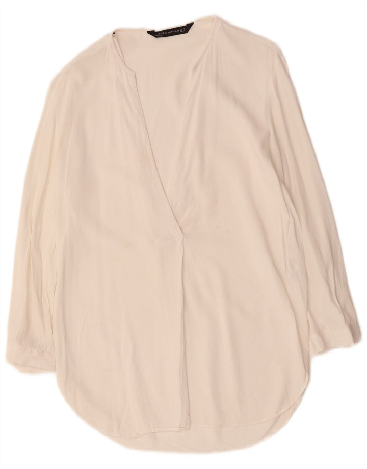 ZARA blusa feminina manga 3/4 top UK 14 médio branco viscose