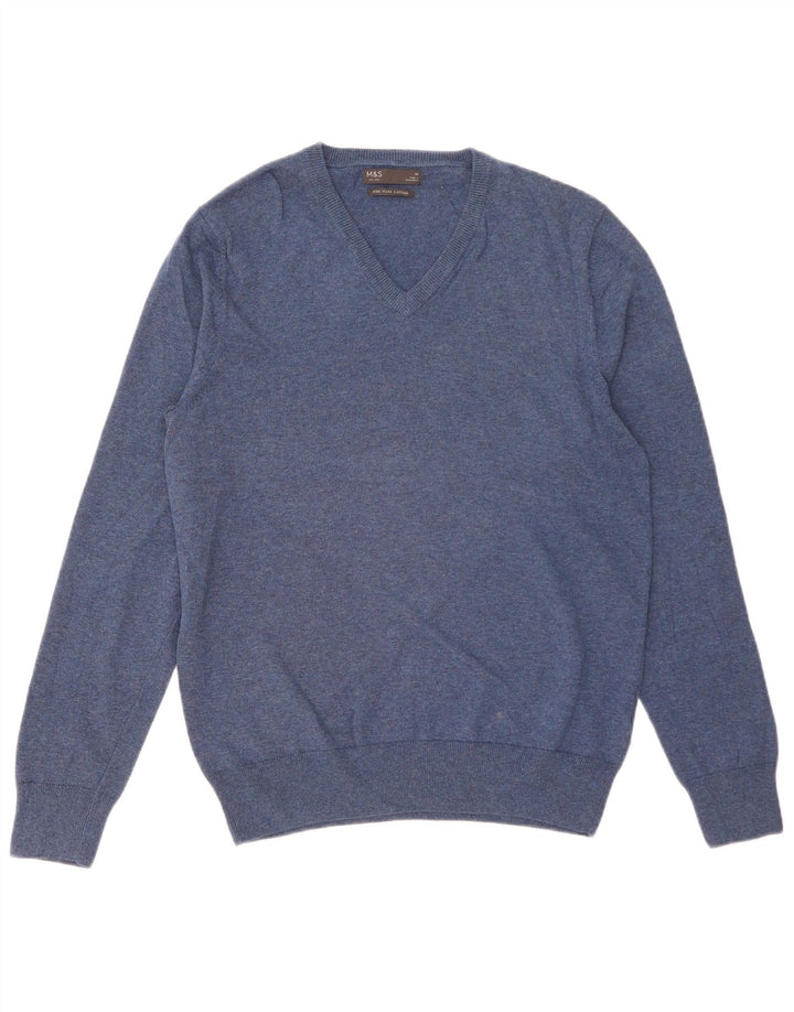 Suéter masculino Marks & Spencer com decote em V de algodão azul médio