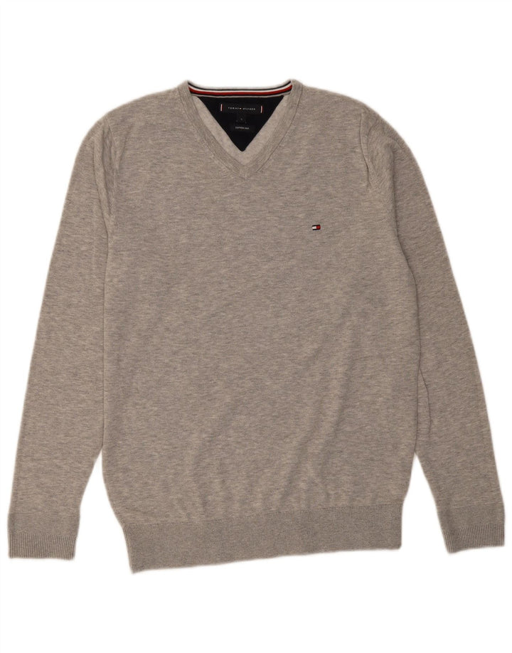 Suéter masculino TOMMY HILFIGER com decote em V pequeno algodão cinza