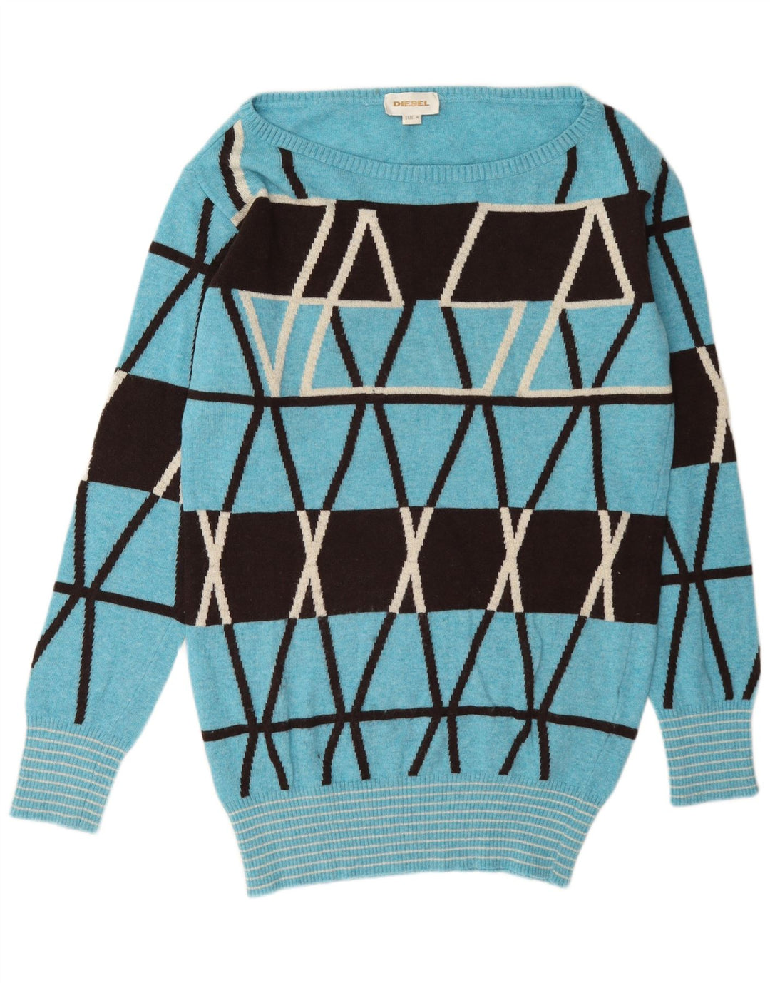 Suéter feminino Diesel com gola canoa e gola redonda UK 14 lã geométrica azul médio