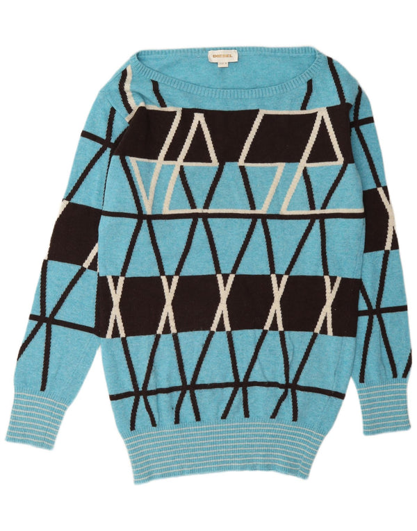 Suéter feminino Diesel com gola canoa e gola redonda UK 14 lã geométrica azul médio