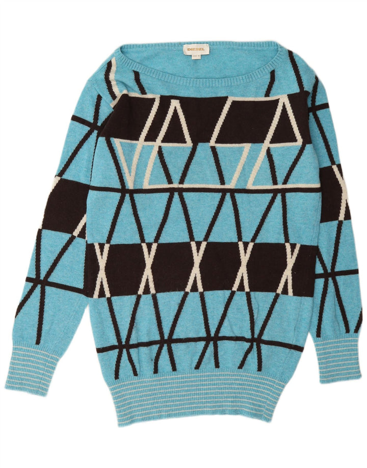 Suéter feminino Diesel com gola canoa e gola redonda UK 14 lã geométrica azul médio