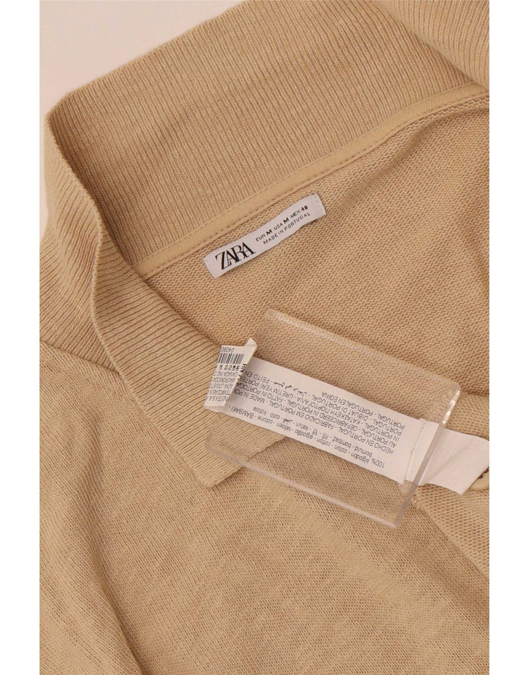 Zara Camisa masculina de manga curta bege médio algodão manchado
