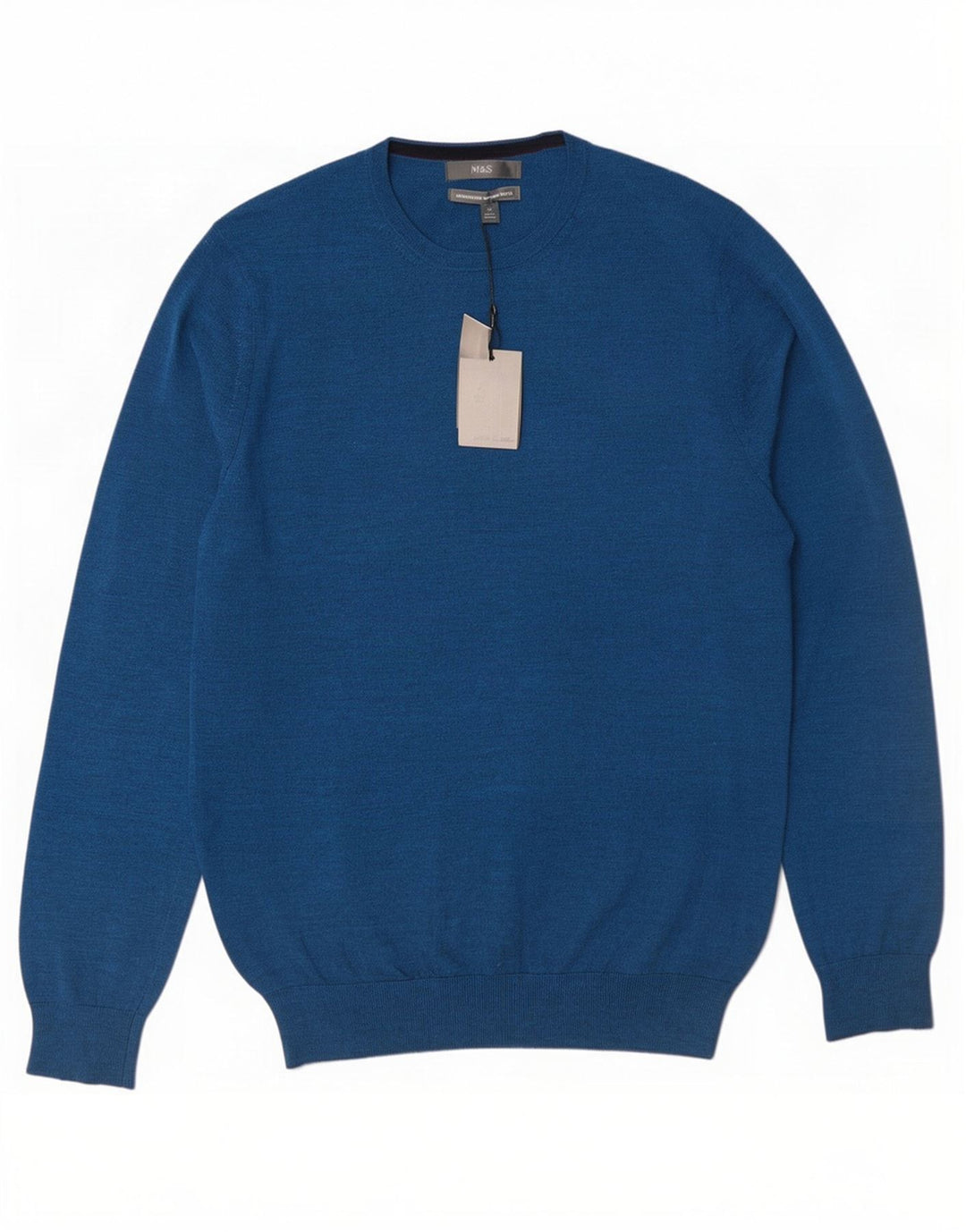 Suéter masculino Marks & Spencer com gola redonda, lã Merino azul marinho médio