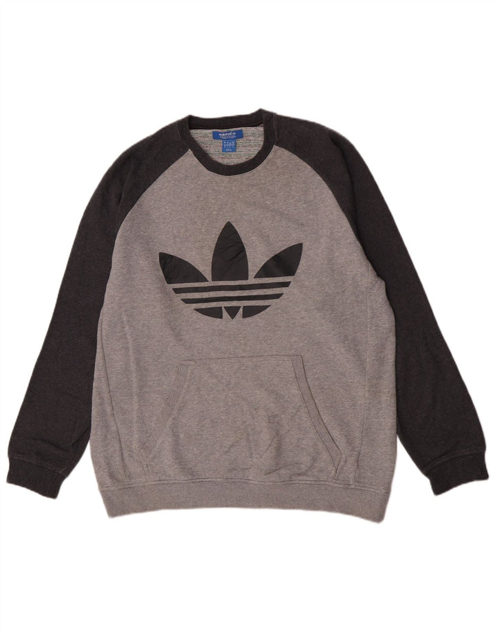 Adidas Mens Graphic Moletom Jumper Grande Cinza Colorblock Algodão