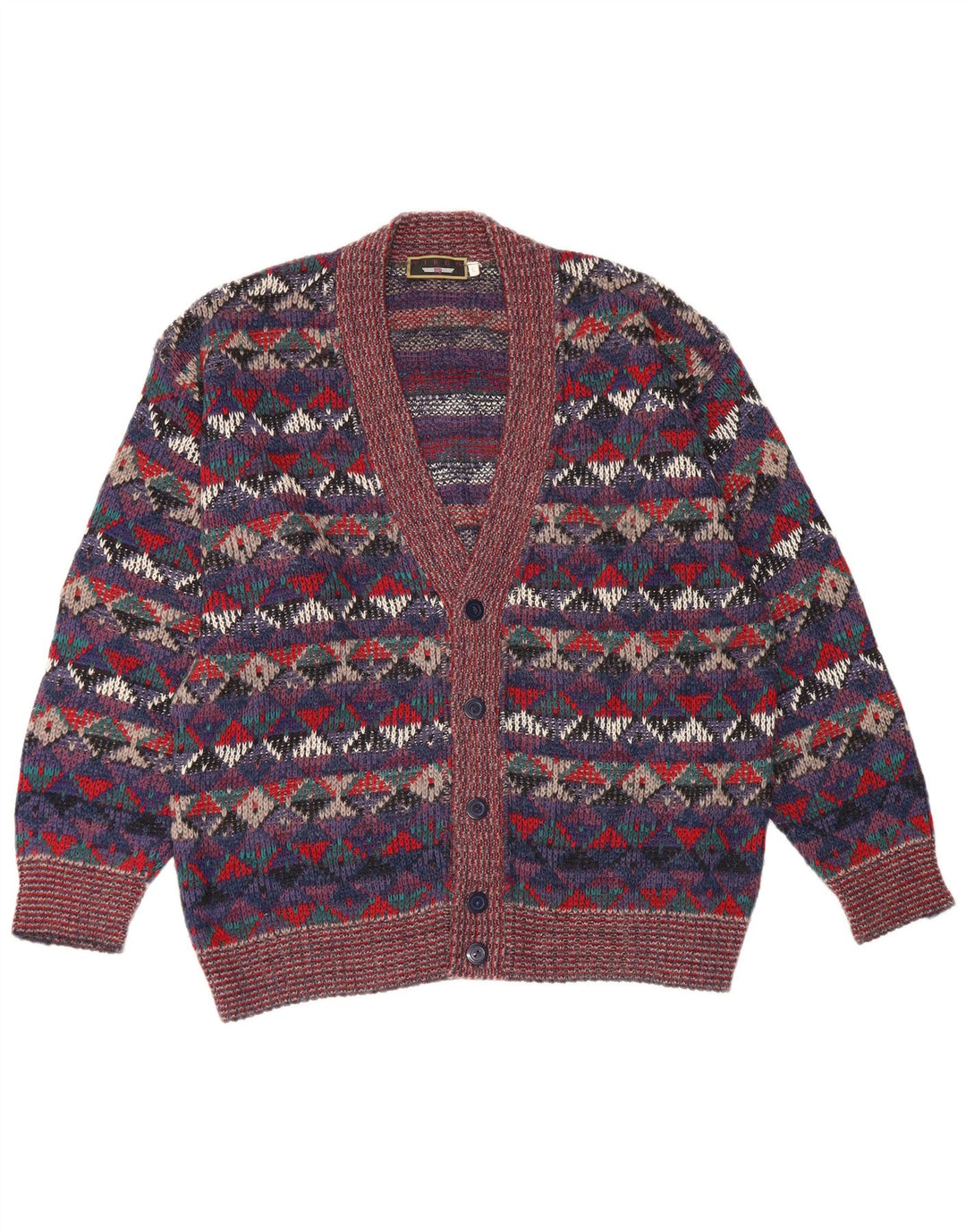 Suéter cardigã masculino vintage grande lã geométrica multicolorida