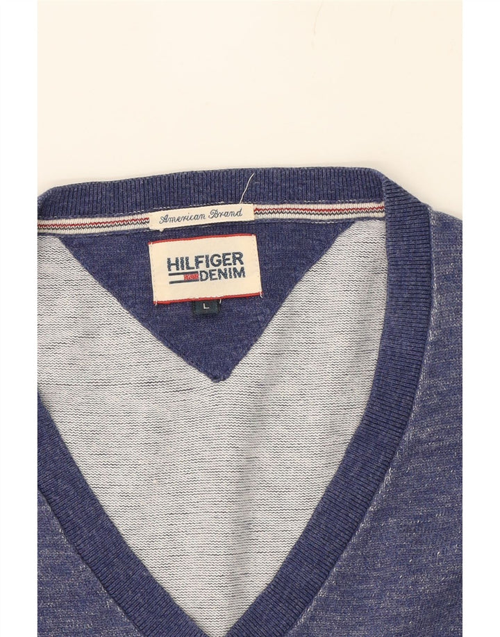 TOMMY HILFIGER Mens V-Neck Jumper Sweater Large Navy Blue Cotton Vintage Tommy Hilfiger and Second-Hand Tommy Hilfiger from Messina Hembry 