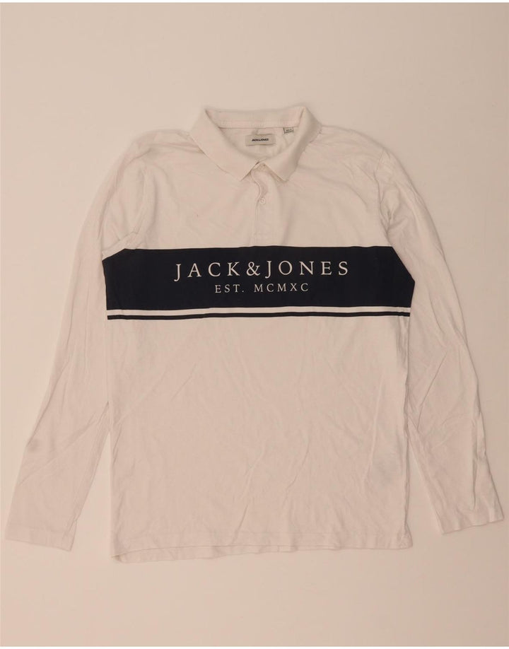 JACK & JONES Camisa polo masculina gráfica de manga comprida em bloco colorido branco médio