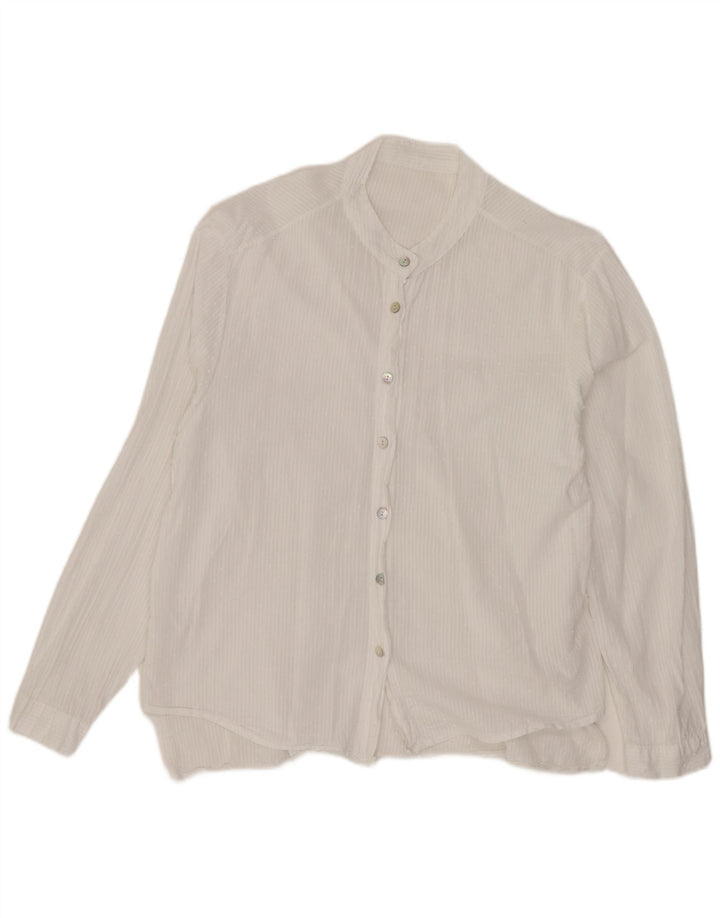 Camisa feminina vintage UK 14 algodão listrado branco médio