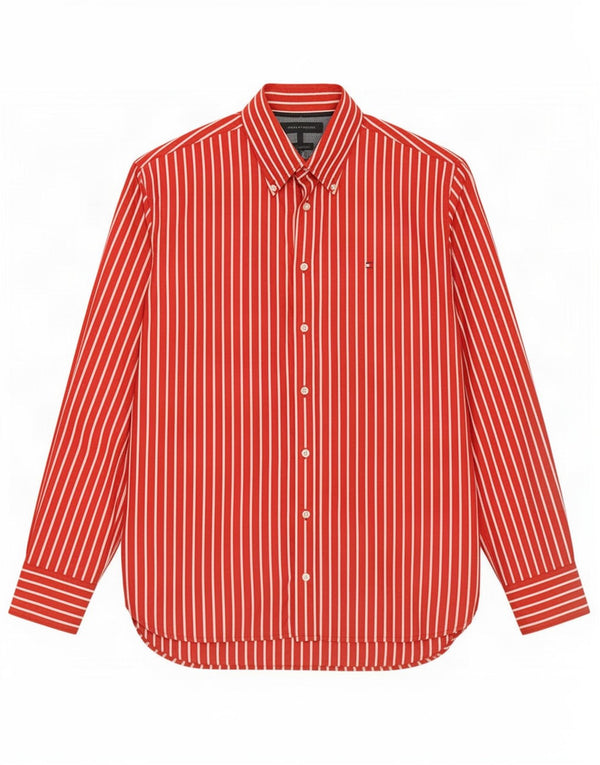 Camisa masculina Tommy Hilfiger grande listrada vermelha de algodão