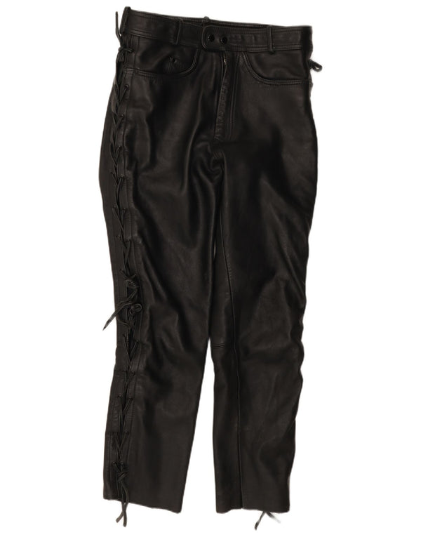 Calças de couro retas femininas vintage IT 52 2XL W30 L28 couro preto