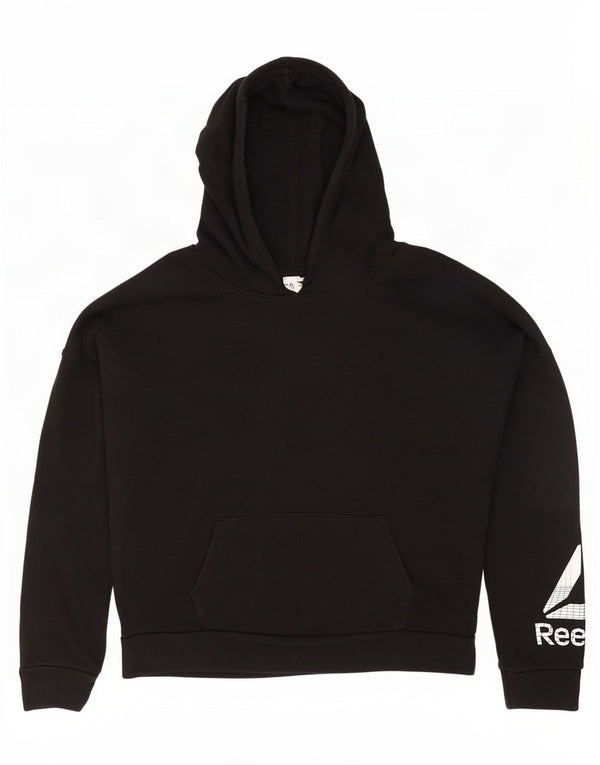 Reebok feminino gráfico oversized moletom com capuz Reino Unido 12/14 médio algodão preto