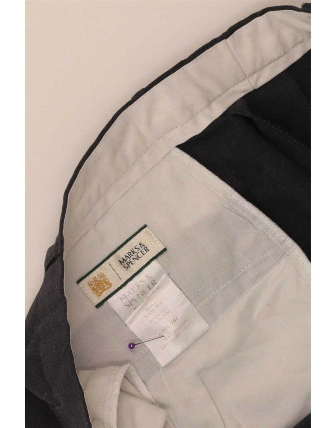 Calça masculina de terno reto Marks & Spencer W38 L31 azul marinho poliéster