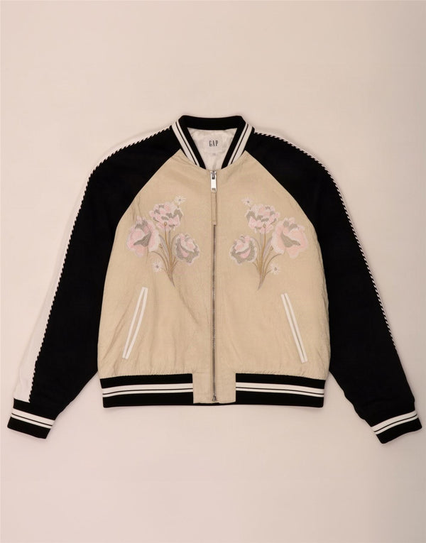 Jaqueta bomber feminina Gap com estampa gráfica grande Reino Unido 16 grande rayon floral bege