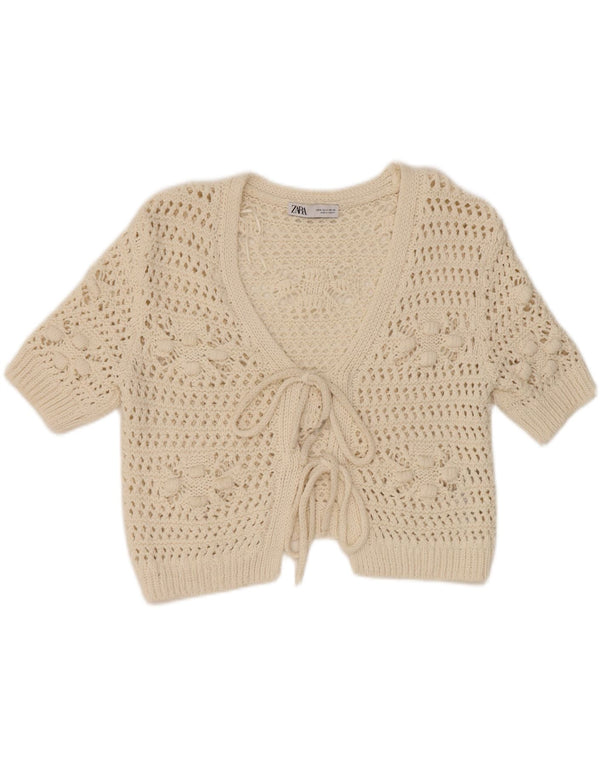 Suéter cardigã feminino Zara crop manga curta Reino Unido 14 médio branco floral