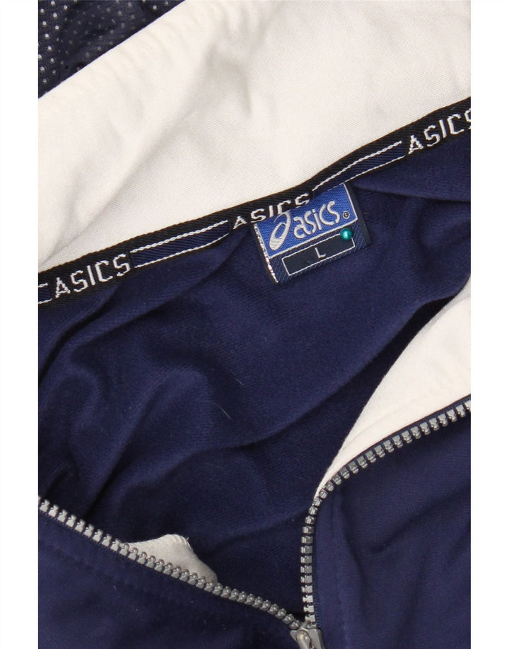 Jaqueta Asics masculina com capuz gráfico grande bloco colorido azul marinho