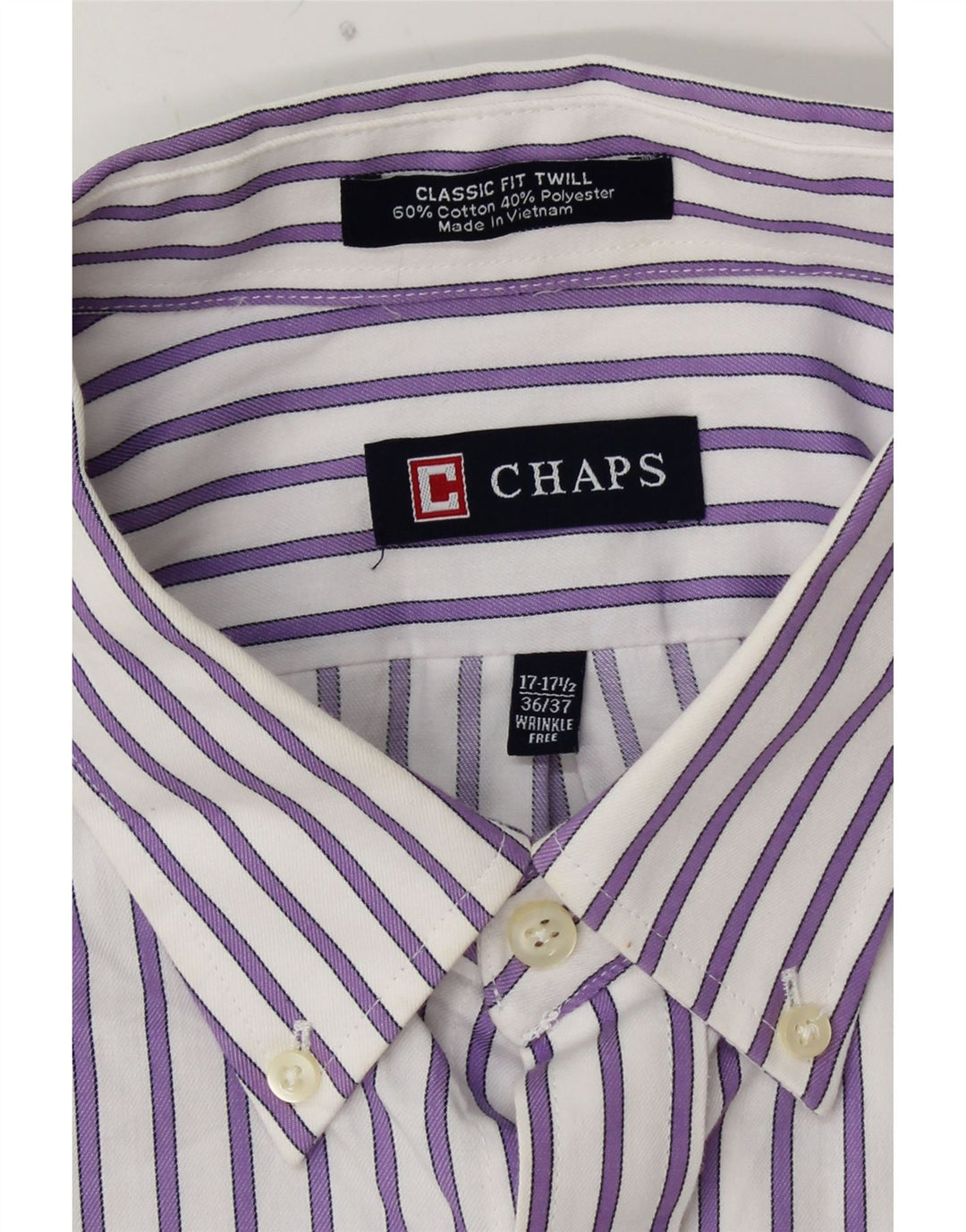 Camisa masculina CHAPS Classic Fit tamanho 17 17 1/2 XL algodão listrado roxo