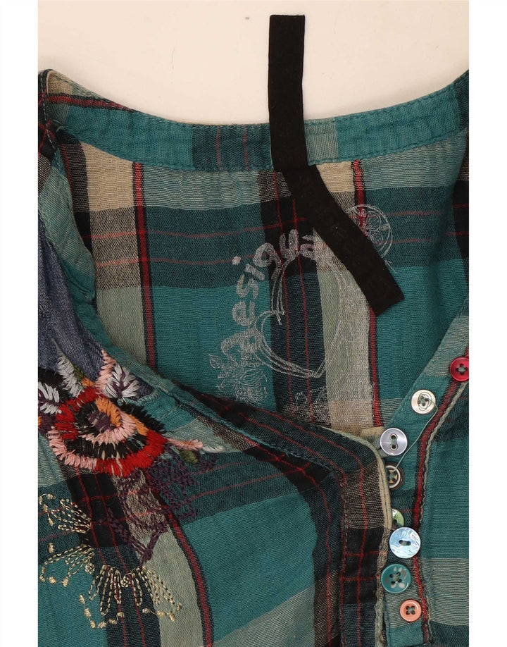 Blusa feminina de manga comprida Desigual UK 16 grande xadrez turquesa
