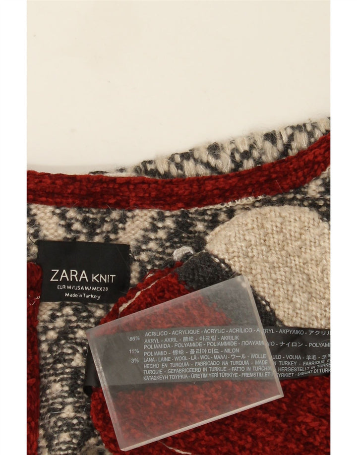 Suéter cardigã aberto com palangre feminino Zara Reino Unido 14 médio bege geométrico