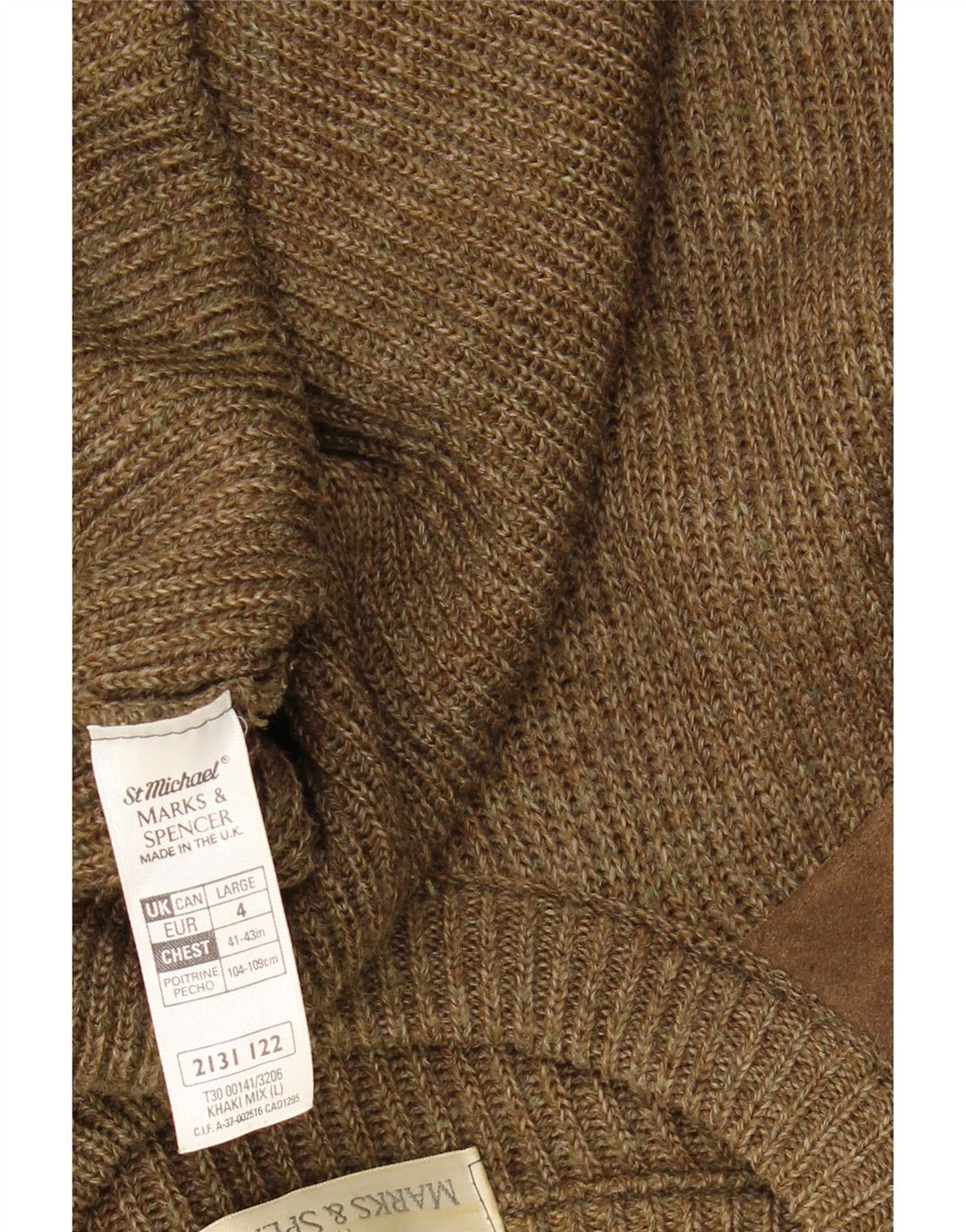 Suéter masculino Marks & Spencer com gola redonda, grande lã colorblock cáqui
