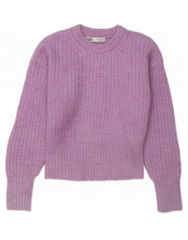 Suéter feminino Zara com gola canoa e gola redonda em poliéster roxo pequeno UK 10
