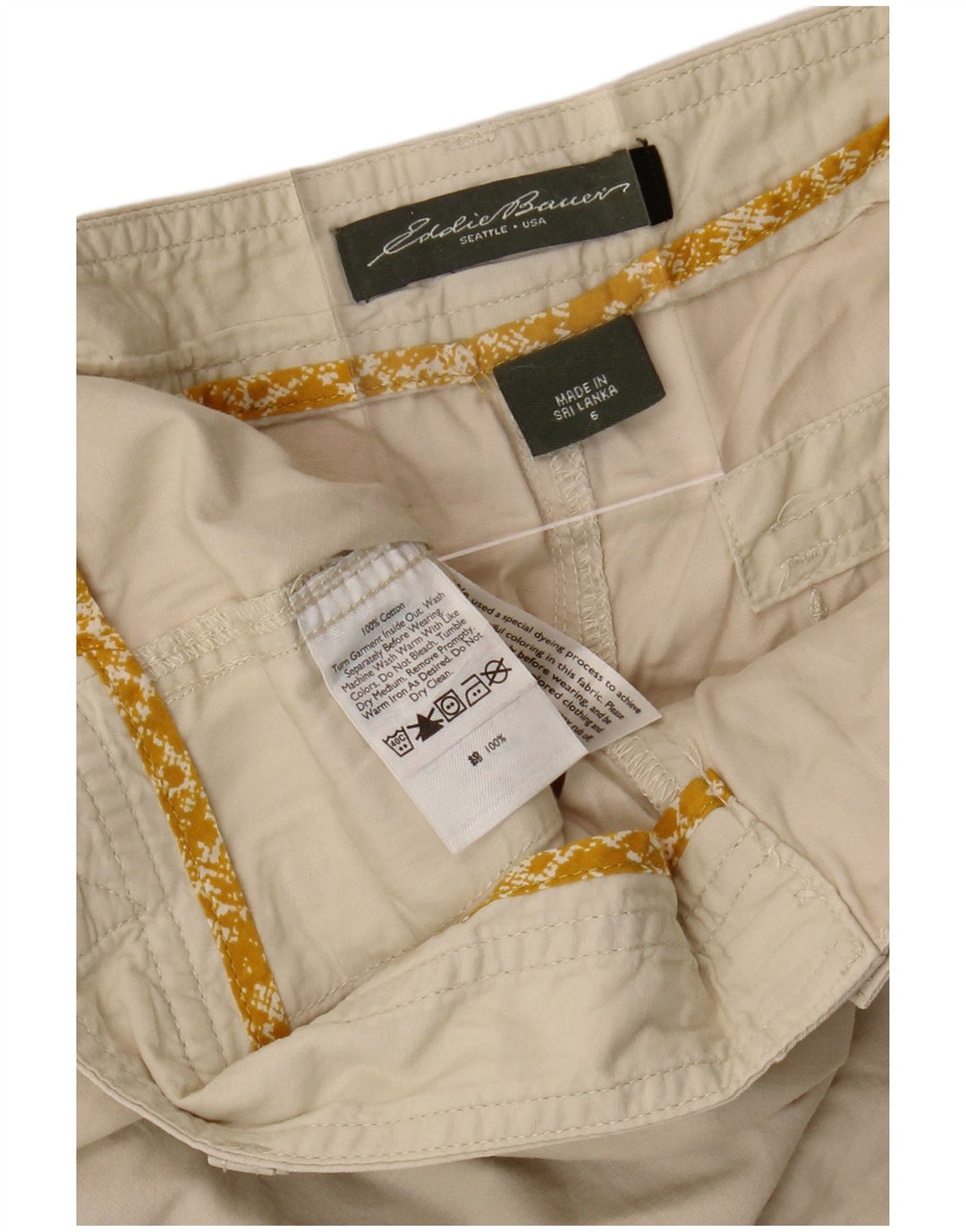 EDDIE BAUER Shorts Chino feminino EUA 6 médio W34 algodão bege