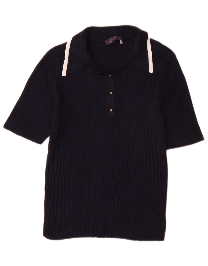 Suéter feminino Marks & Spencer com gola polo e gola polo Reino Unido 14 médio azul marinho