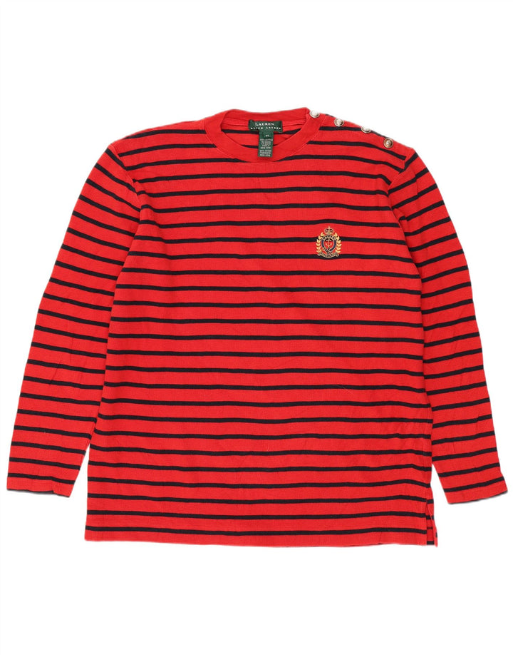 Top feminino RALPH LAUREN manga comprida UK 14 algodão listrado vermelho médio