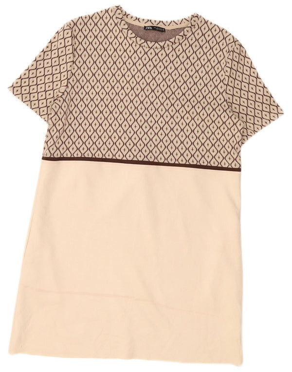 Zara Womens Shift Dress UK 16 Grande Poliéster Geométrico Bege