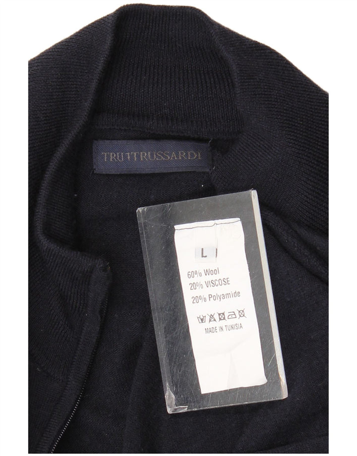 Suéter cardigã masculino Trussardi grande lã azul marinho