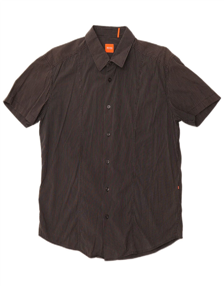 Camisa masculina de manga curta HUGO BOSS grande algodão listrado cinza