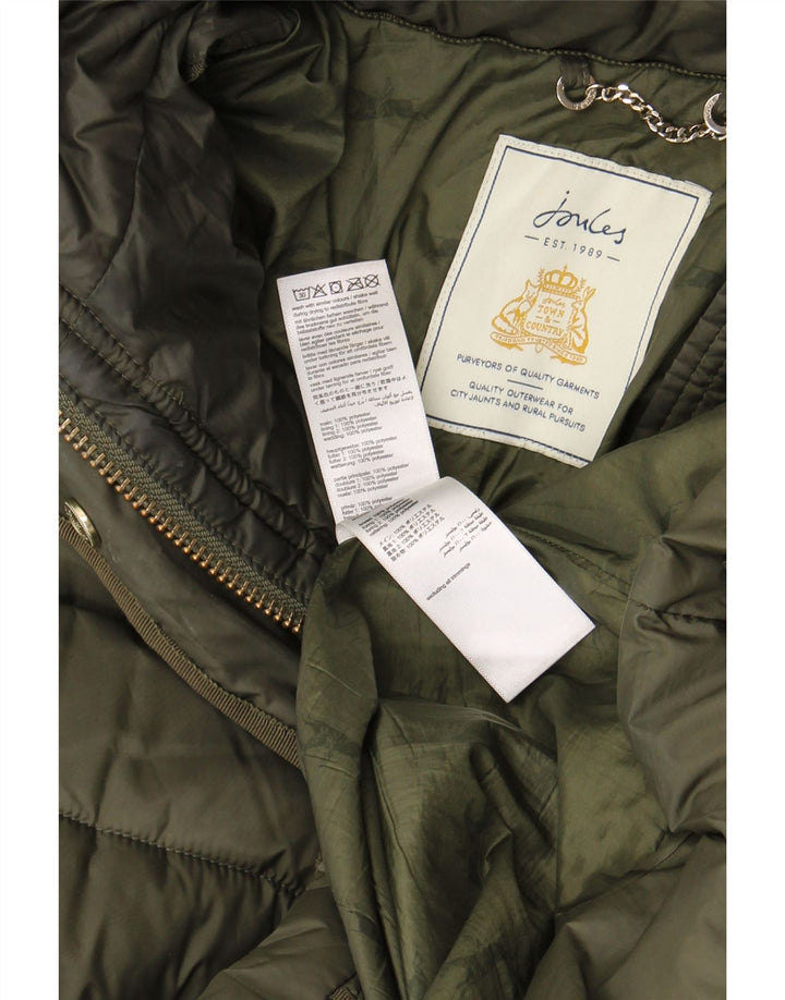 Casaco acolchoado com capuz feminino Joules UK 12 poliéster cáqui médio