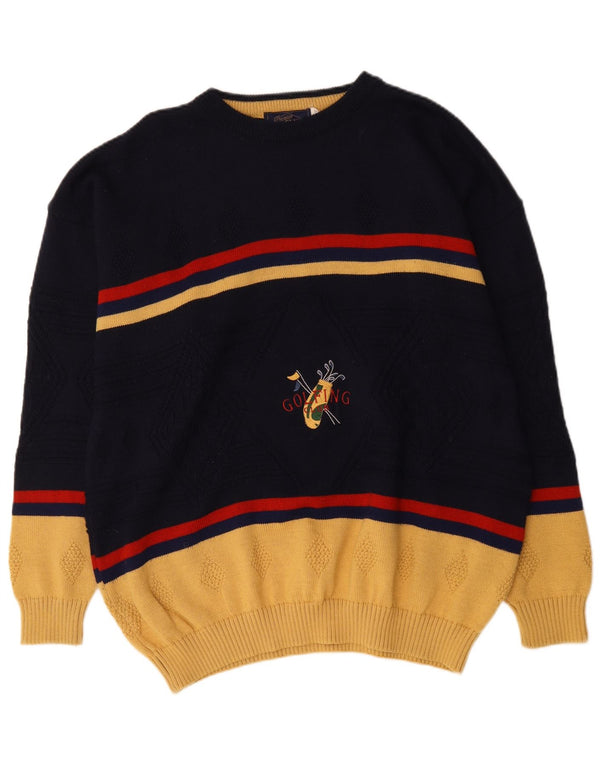Suéter vintage masculino com gola redonda e gola redonda XL azul marinho colorblock