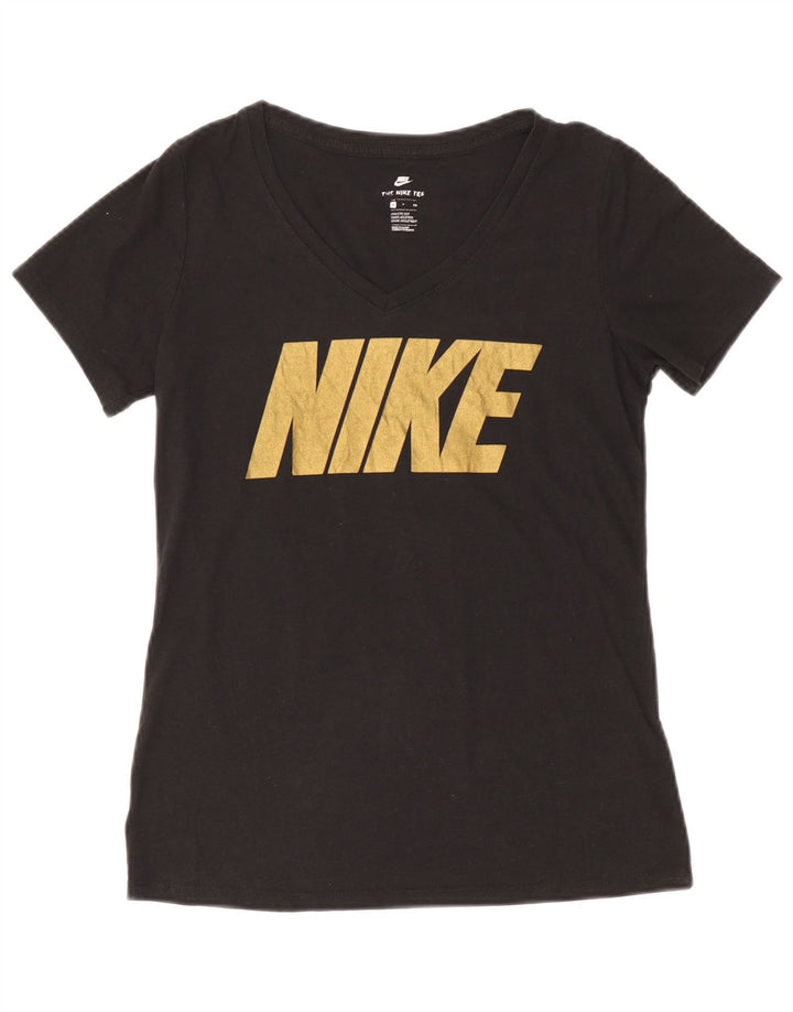 Camiseta feminina NIKE com corte atlético gráfico UK 10 pequena preta poliéster