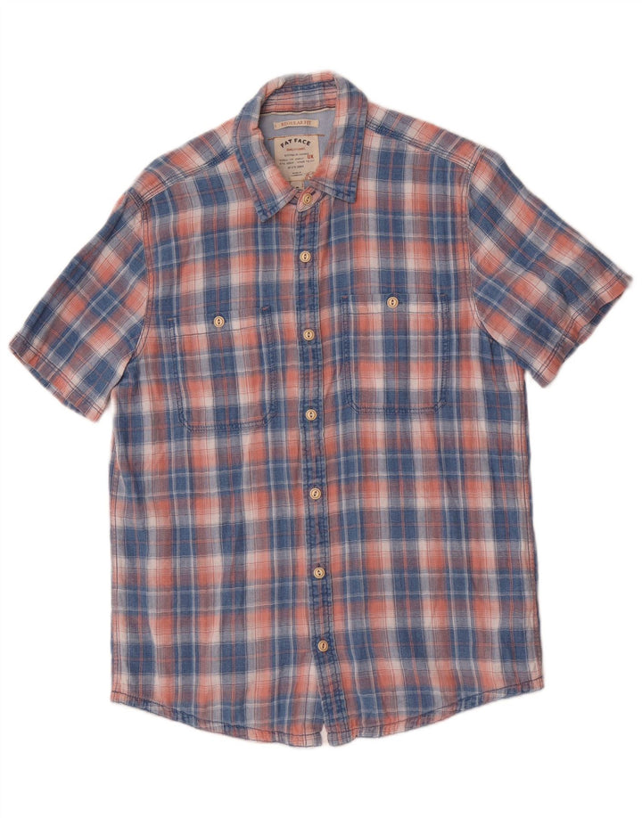 Camisa de ajuste regular de manga curta masculina Fat Face algodão xadrez azul pequeno