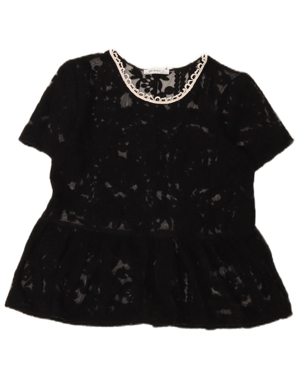 Blusa feminina de renda Trafaluc Zara Top Reino Unido 12 médio preto floral