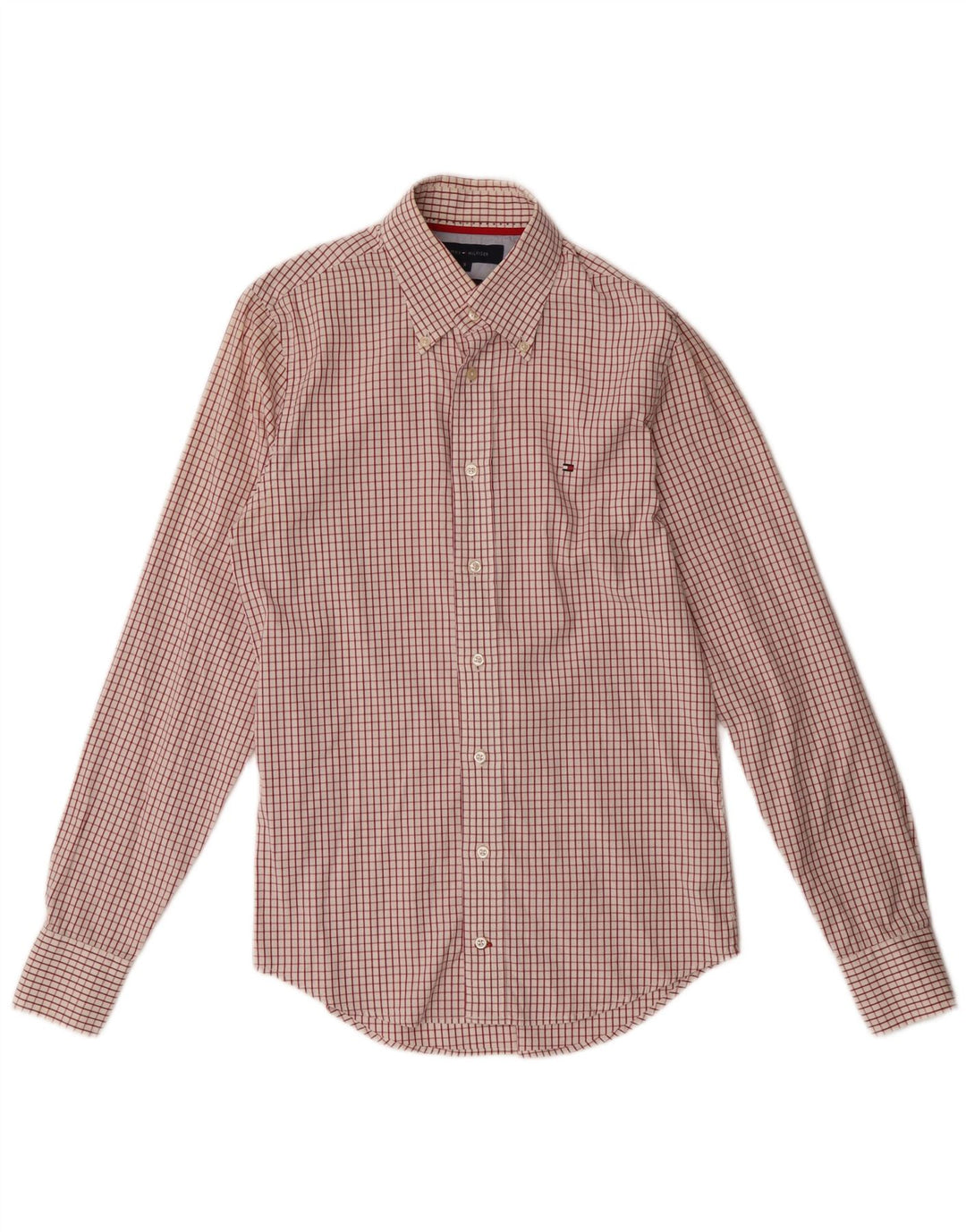 Camisa masculina Tommy Hilfiger pequena xadrez vermelha de algodão