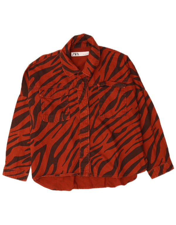 Camisa jeans oversized feminina Zara Reino Unido 14 algodão vermelho médio com estampa animal