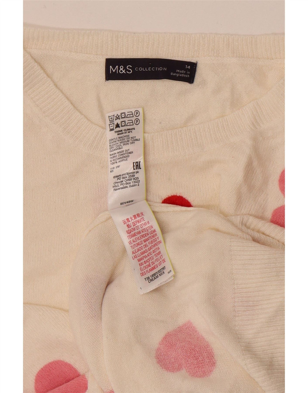 Suéter feminino Marks & Spencer com gola redonda e coração branco médio UK 14