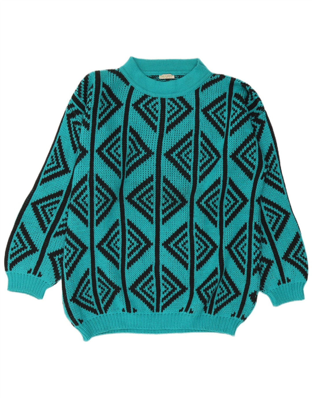 Suéter vintage masculino com gola tartaruga, lã geométrica turquesa grande