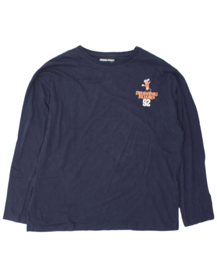 Jack & Jones Camiseta masculina gráfica de manga comprida grande algodão azul marinho