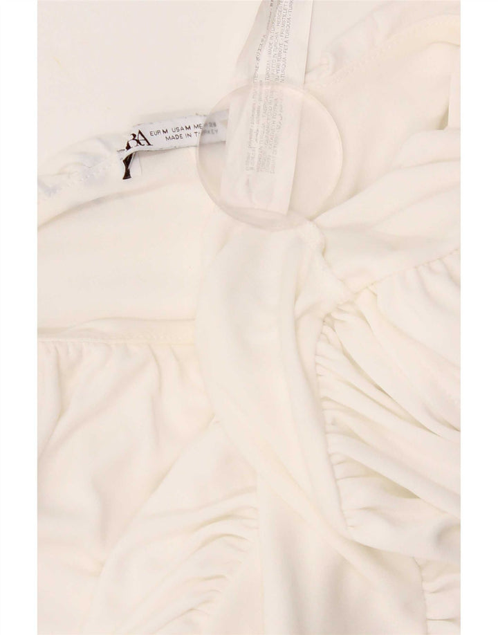 Zara Top curto feminino sem mangas UK 12 poliéster branco médio